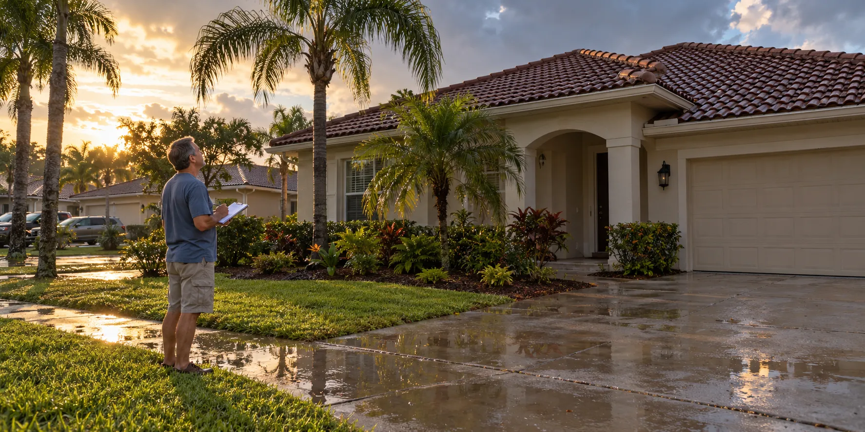A tile and shingle home in Deltona under a clearing sky after a summer storm